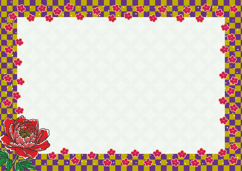 市松のフレーム-3 市松のフレーム-3 市松,七宝繋ぎ,梅,牡丹,七宝,黄色,a4,横,和柄,和風のイラスト素材