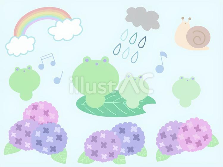 6月梅雨季節のあじさいとカエルのイラスト 6月,梅雨,カエルのイラスト素材