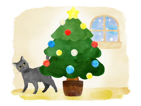 黒猫とクリスマスツリー（水彩・絵本風） クリスマス,ネコ,ツリー,黒猫,クリスマスツリー,かわいい,絵本風,手描き,手書き,ベクターのイラスト素材