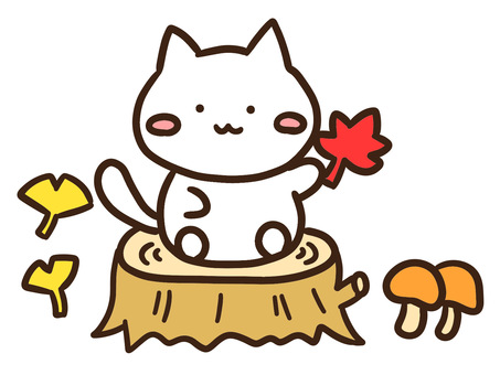 切り株で秋やもみじを楽しむかわいい白ねこ 切り株,秋,楽しむ,感じる,紅葉,ねこ,もみじ,落ち葉,森,自然のイラスト素材