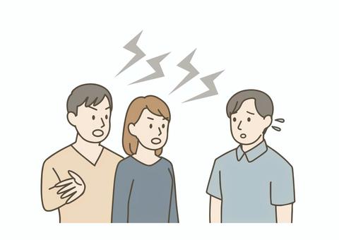 利用者の家族に責められる介護士 介護士,介護福祉士,介護職,ヘルパー,ケアワーカー,ポロシャツ,感情表現,介護,高齢者ケア,デイサービスのイラスト素材