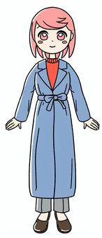桃色の女の子のガウンコート ピンク,かわいい,手描き,ガウンコート,コート,ロングコート,アウター,冬ファッション,冬コーデ,レディースコートのイラスト素材