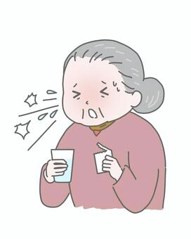 粉薬を飲んでむせる高齢女性 高齢者,粉薬,むせる,嚥下困難,誤嚥,薬,服用,医療,介護,健康問題のイラスト素材