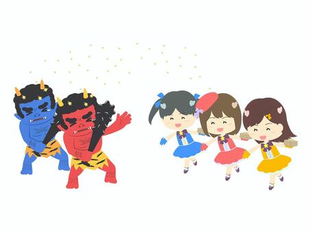 鬼に豆を投げるアイドルグループ 節分,女の子,豆,豆まき,赤鬼,青鬼,金棒,投げる,妖怪,アイドルのイラスト素材
