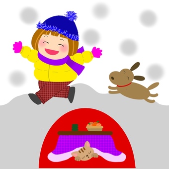 雪やこんこ　手描き 雪,雪やこんこ,あられ,犬,猫,子供,遊ぶ,音楽,歌詞カード,走るのイラスト素材