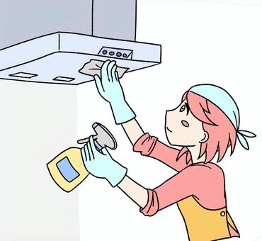 桃色の女の子が換気扇の掃除をしている ピンク,手描き,掃除,大掃除,年末大掃除,換気扇掃除,キッチン掃除,油汚れ,清掃,家事のイラスト素材