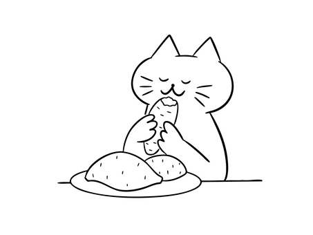さつまいもを食べる猫（モノクロ） 猫,さつまいも,芋,おやつ,焼き芋,ふかし芋,野菜,秋,旬,暮らしのイラスト素材
