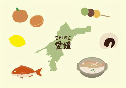 愛媛イラストセット 愛媛,みかん,鯛めし,タルト,団子,地図,ご当地,観光地,グルメ,食材のイラスト素材