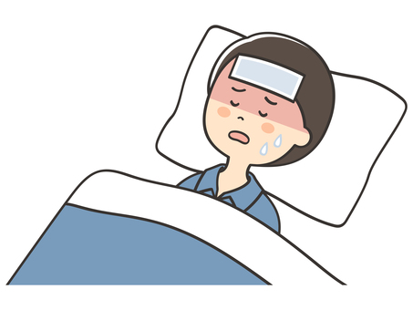 熱が出て休む男性 熱,発熱,風邪,病気,寝込む,寝苦しい,うなされる,苦しい,しんどい,熱中症のイラスト素材