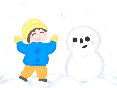 雪だるまと遊ぶ子ども 人物,子ども,男の子,女の子,帽子,ニット帽,手袋,ミトン,ジャンバー,防寒具のイラスト素材