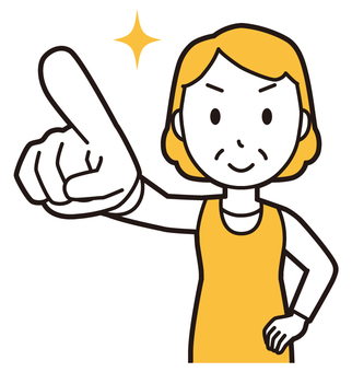  エプロンおばちゃん(黄)-087-バスト 指差す,おばちゃん,エプロン,お母さん,ママ,中年,おばさん,主婦,人物,かわいいのイラスト素材