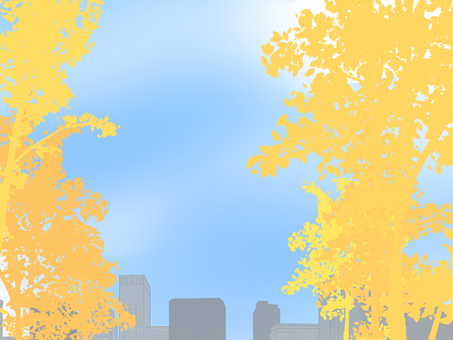 秋の並木道のイラスト 秋,並木道,銀杏,ビル,風景,背景,壁紙,イラスト,手描きのイラスト素材