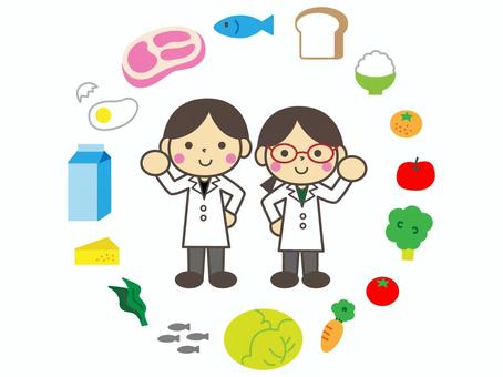 食べ物と白衣の男女 食べ物と白衣の男女 食べ物,栄養,栄養素,栄養士,先生,白衣,男女,男性,女性,人物のイラスト素材