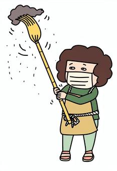 すす払いをする女性 女性,かわいい,ゆるい,手描き,すす払い,行事,掃除,年末,大掃除,埃のイラスト素材