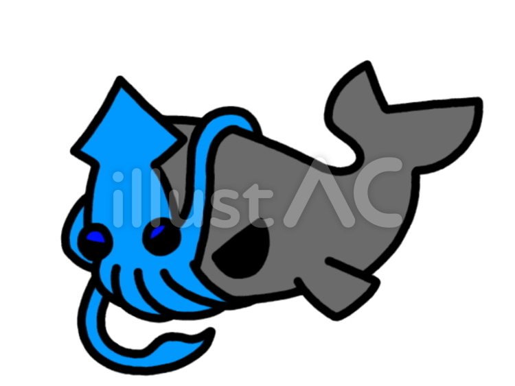 ダイオウイカVSマッコウクジラ 黒青 イラスト - No: 1379242