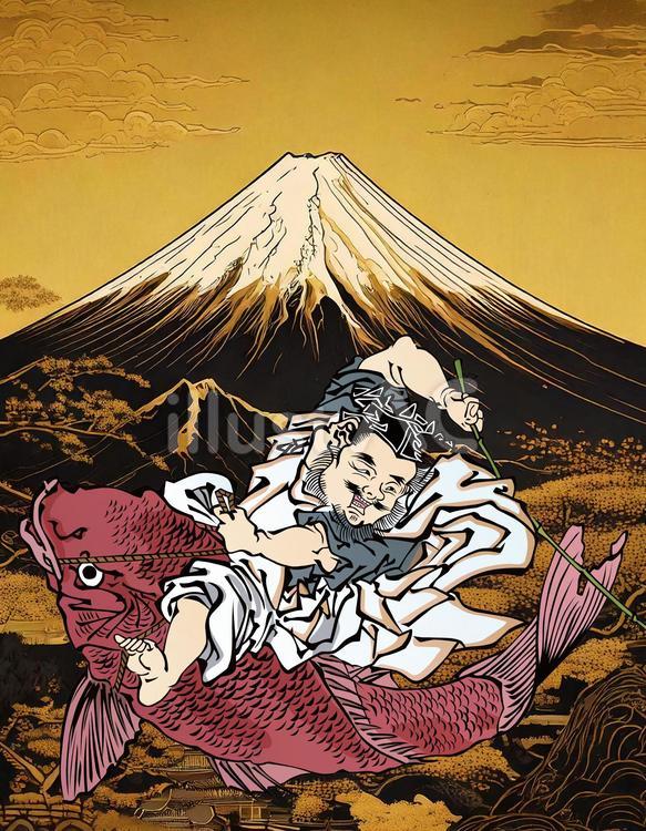 魚に乗る神様と富士山 浮世絵,神様,魚のイラスト素材