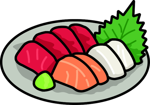 グレーの皿の刺身盛り合わせです。 刺身,盛り合わせ,皿,シンプル,マグロ,サーモン,ホタテ,ワサビ,大葉,魚介類のイラスト素材
