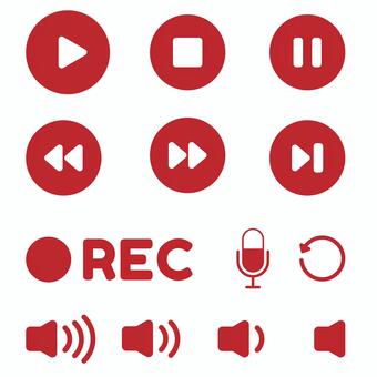 動画再生素材のセット 赤 動画,再生,ストップ,停止,一時停止,早送り,巻き戻し,録画,rec,録音のイラスト素材