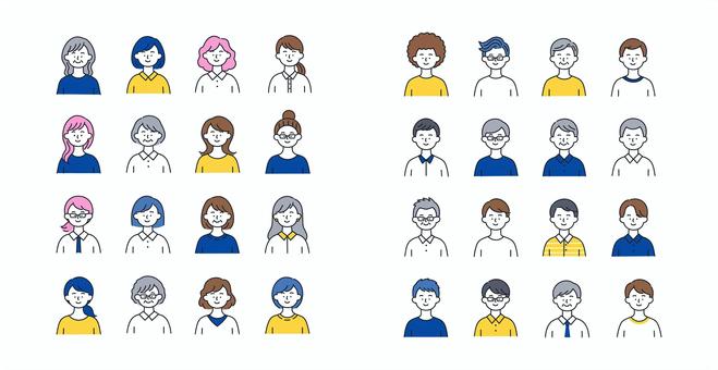 幅広い年代の人物アイコンセット 人物,アイコン,顔,表情,男性,女性,若者,中年,高齢,社員のイラスト素材