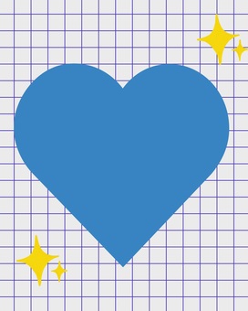 ブルーハートときらめきのグリッドデザイン 青,ハート,チェック,ブルーハート,ポップデザイン,きらめきモチーフ,レトロのイラスト素材