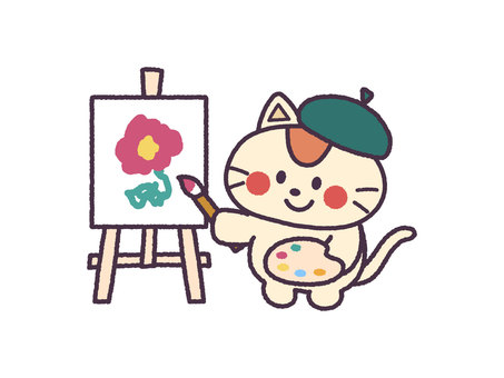 お絵描きするネコさんの手描きイラスト お絵描き,芸術,秋,芸術の秋,イラスト,猫,動物,ペット,ゆるい,ほんわかのイラスト素材