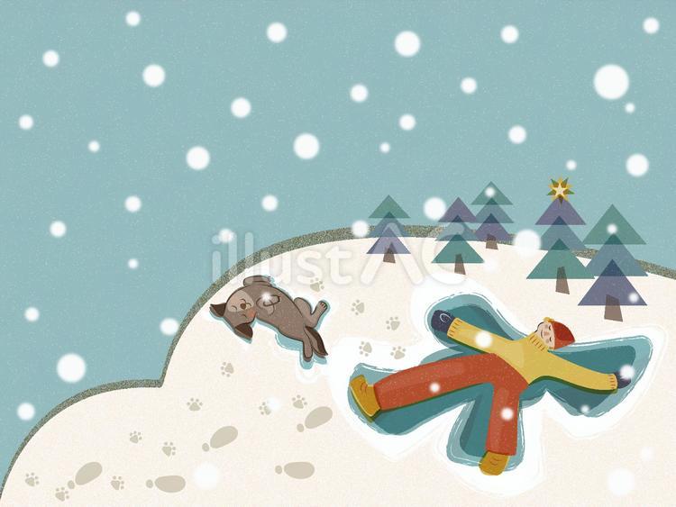 スノーエンジェルを作って遊ぶ子どもと犬 スノーエンジェル,冬,雪のイラスト素材