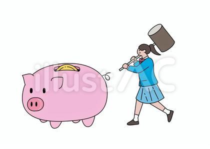 豚の貯金箱を壊そうとする女子学生