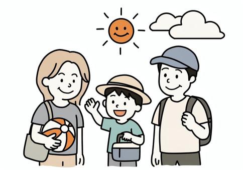 夏休みのお出かけ家族 家族,仲良し,楽しい,笑顔,夏,お父さん,お母さん,両親,子供,息子のイラスト素材