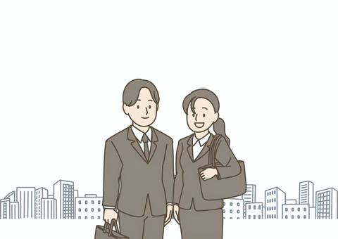 ビルを背景に立つ就活生の男女 フレッシャーズ,就活,新入社員,入社式,スーツ,ビジネス,男女,ペア,仲間,ビルのイラスト素材
