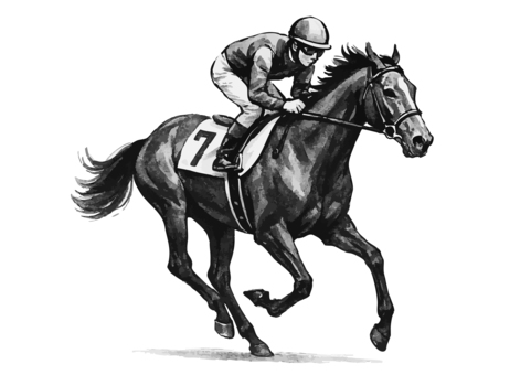 競走馬の水墨画シルエット年賀状素材セット 墨絵,水墨画,馬,競馬,騎手,乗馬,ジョッキー,年賀状,賀年,干支のイラスト素材