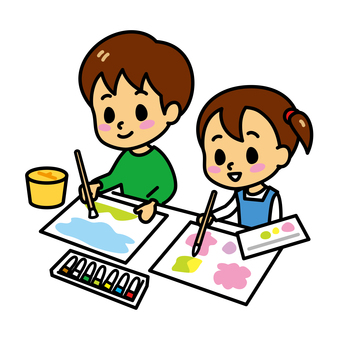 子供　絵画 子供,習い事,お絵描き,絵画教室,美術,小学生,男の子,女の子,塾,兄弟のイラスト素材
