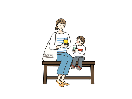 ベンチでくつろぐ母子 母子,母親,子供,ベンチ,飲み物,休憩のイラスト素材