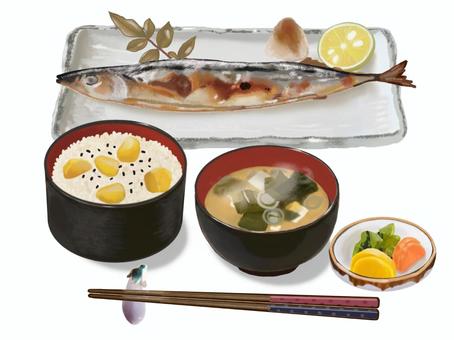 さんまの塩焼きと栗ご飯253 秋刀魚,塩焼き,栗ご飯,栗,サンマ,さんま,焼サンマ,焼さんま,焼きさんま,焼きサンマのイラスト素材