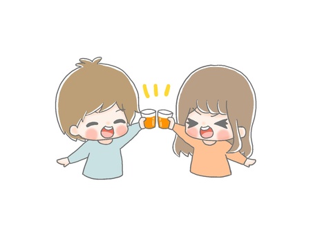 ジュースで乾杯２ 手描き,女の子,男の子,茶髪,ジュース,飲み物,乾杯,パーティ,お祝い,楽しいのイラスト素材