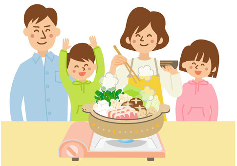 家族で鍋 鍋,家族,夫婦,子ども,土鍋,カセットコンロ,笑顔,秋,冬,料理のイラスト素材