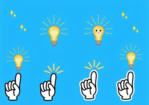 指差しポーズと電球のひらめきアイコン 指さし,手,電球,光,ピカピカ,可愛い,顔,表情,ひらめき,セットのイラスト素材