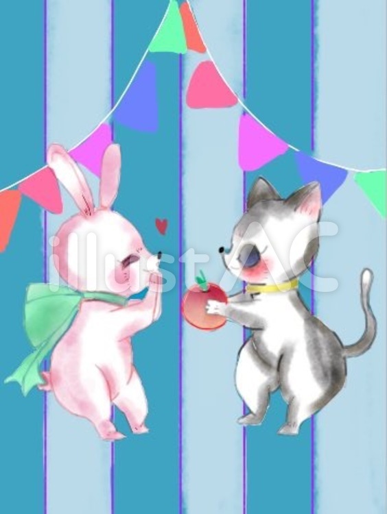 動物 うさぎ,猫,水彩のイラスト素材