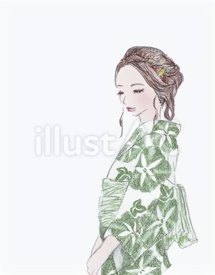 緑の浴衣を着た女性
