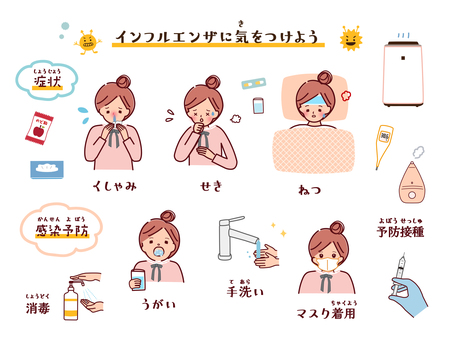 インフルエンザ 症状&予防 インフルエンザ 症状&予防 インフル,風邪,体調,病気,症状,予防,対策,ウィルス,くしゃみ,咳のイラスト素材