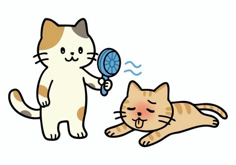 ハンディファンを持つミケネコと倒れる猫 猫,ハンディファン,扇風機,夏バテ,熱中症対策,かわいい,動物,7月,夏,夏休みのイラスト素材
