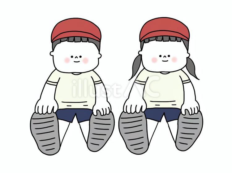 体操着を着て長座体前屈をしている子ども 長座体前屈,前屈,体操着のイラスト素材