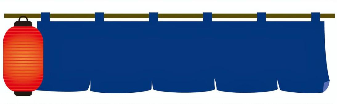 和風横長無地の藍色暖簾と赤提灯 のれん,無地,横長,提灯,飾り,タイトル,和風,藍色,お店,看板のイラスト素材