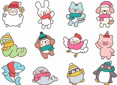 ゆるい動物セット(冬) ゆるい,動物,生き物,可愛い,パステル,ひつじ,うさぎ,ねこ,犬,蛇のイラスト素材