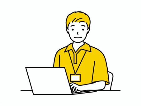 パソコンで作業する介護士男性（上半身） ノートパソコン,pc,仕事,介護士,求人募集,チラシ,事務,派遣,データ作成,メールのイラスト素材