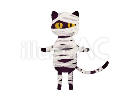 水彩風ハロウィンのミイラ風黒猫のイラスト