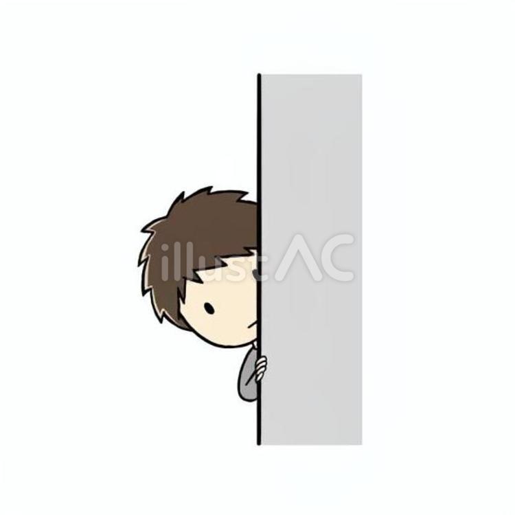 壁からそっとのぞき見する小学生男児 のぞき見,チラ見,壁のイラスト素材