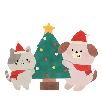 クリスマスツリーと猫犬 クリスマスツリーと猫犬 クリスマス,ツリー,猫,犬,飾り付け,動物,冬,サンタ,帽子,マフラーのイラスト素材