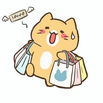 買い物をしてお金が飛んでく猫のイラスト 買い物,猫,お金,出費,散財,浪費,荷物,紙袋,ショッピング,一万円札のイラスト素材