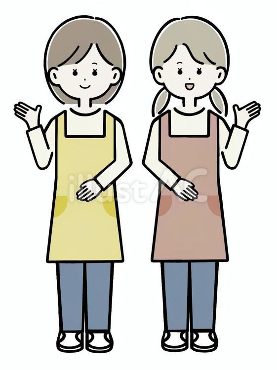 案内するエプロンの女性　2人　全身 保育士,全身,こども園のイラスト素材