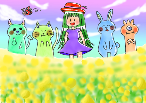 菜の花畑 菜の花,菜の花畑,動物,女の子,春のイラスト素材